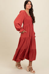 Rust Smocked Tiered Long Sleeve Maxi Dress