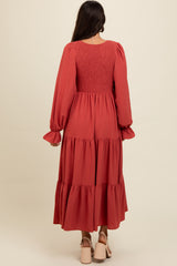 Rust Smocked Tiered Long Sleeve Maxi Dress