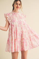 Off White Pink Flutter Sleeve Babydoll Mini Dress