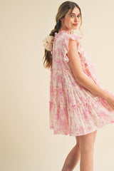 Off White Pink Flutter Sleeve Babydoll Mini Dress