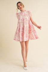 Off White Pink Flutter Sleeve Babydoll Mini Dress