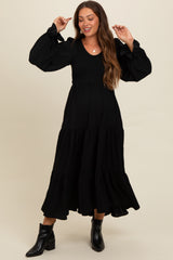 Black Smocked Tiered Long Sleeve Maternity Maxi Dress