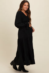 Black Smocked Tiered Long Sleeve Maternity Maxi Dress