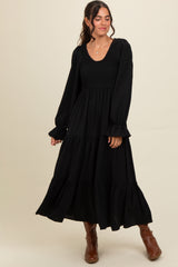 Black Smocked Tiered Long Sleeve Maxi Dress