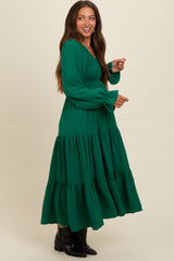 Green Smocked Tiered Long Sleeve Maternity Maxi Dress