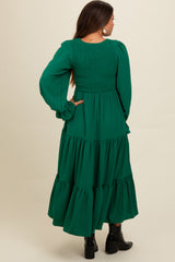 Green Smocked Tiered Long Sleeve Maternity Maxi Dress