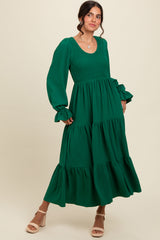 Green Smocked Tiered Long Sleeve Maternity Maxi Dress