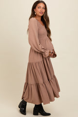 Mocha Smocked Tiered Long Sleeve Maternity Maxi Dress