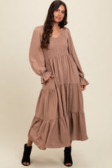 Mocha Smocked Tiered Long Sleeve Maternity Maxi Dress