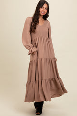 Mocha Smocked Tiered Long Sleeve Maxi Dress