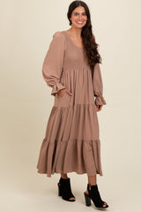 Mocha Smocked Tiered Long Sleeve Maxi Dress