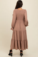 Mocha Smocked Tiered Long Sleeve Maxi Dress