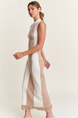 Ivory Striped Knit Fringe Hem Maxi Dress