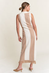 Ivory Striped Knit Fringe Hem Maxi Dress