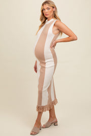 Ivory Striped Knit Fringe Hem Maternity Maxi Dress