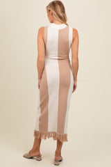 Ivory Striped Knit Fringe Hem Maternity Maxi Dress