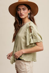 Green Lily Linen Bow Tie Sleeve Pleated Blouse Top