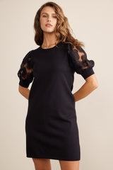 Black Knit Beaded Floral Mesh Sleeve Maternity Mini Dress