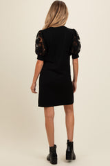 Black Knit Beaded Floral Mesh Sleeve Maternity Mini Dress