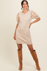 Beige Knit Beaded Floral Mesh Sleeve Maternity Mini Dress