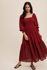 Burgundy Smocked Eyelet Lace Hem Maternity Maxi Dress