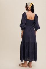 Navy Blue Smocked Eyelet Lace Hem Maxi Dress