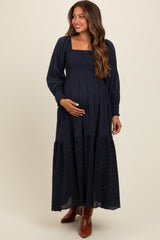 Navy Blue Smocked Eyelet Lace Hem Maternity Maxi Dress