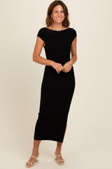 Black Knit Low Back Side Slit Dress