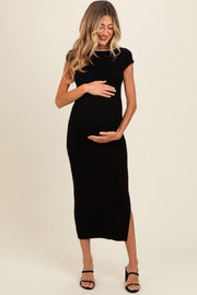 Black Knit Low Back Side Slit Maternity Dress