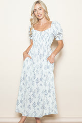 Ivory Floral Smocked Sweetheart Neckline Midi Dress