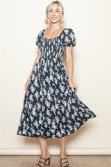 Black Floral Smocked Sweetheart Neckline Midi Dress