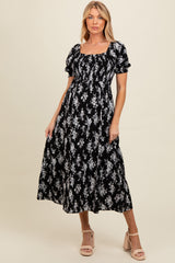 Black Floral Smocked Sweetheart Neckline Maternity Midi Dress