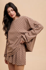 Mocha Checkered Plaid Pullover Shorts Maternity Set