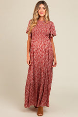 Burgundy Floral Smocked Flutter Sleeve Maternity Maxi Dress