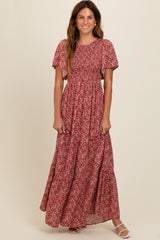 Burgundy Floral Smocked Flutter Sleeve Maternity Maxi Dress