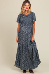 Navy Blue Floral Smocked Flutter Sleeve Maternity Maxi Dress