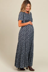 Navy Blue Floral Smocked Flutter Sleeve Maternity Maxi Dress