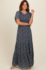 Navy Blue Floral Smocked Flutter Sleeve Maxi Dress