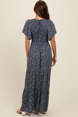 Navy Blue Floral Smocked Flutter Sleeve Maxi Dress