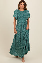 Deep Teal Floral Smocked Flutter Sleeve Maternity Maxi Dress