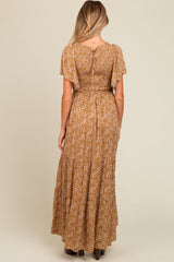 Camel Floral Smocked Flutter Sleeve Maternity Maxi Dress