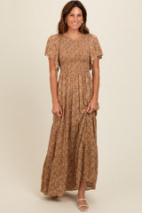 Camel Floral Smocked Flutter Sleeve Maxi Dress