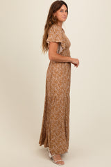 Camel Floral Smocked Flutter Sleeve Maxi Dress