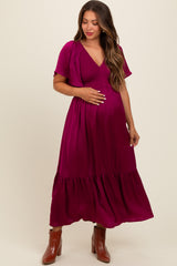 Deep Red Satin Smocked Maternity Midi Dress