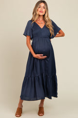 Navy Blue Satin Smocked Maternity Midi Dress