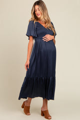 Navy Blue Satin Smocked Maternity Midi Dress