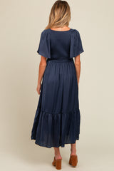 Navy Blue Satin Smocked Maternity Midi Dress