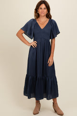 Navy Blue Satin Smocked Maternity Midi Dress