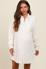 White Rolled Cuff Maternity Button Down Dress