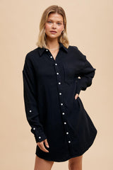 Black Rolled Cuff Maternity Button Down Dress